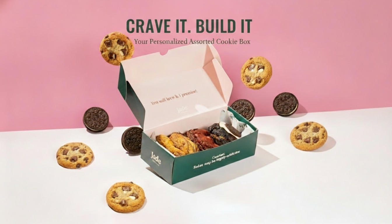 Open cookie box with assorted cookies on a pink background
