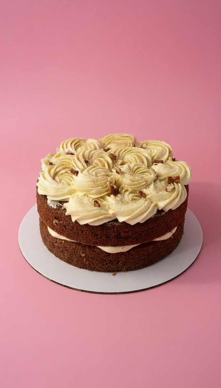 Two-layer cake with cream topping on a pink background